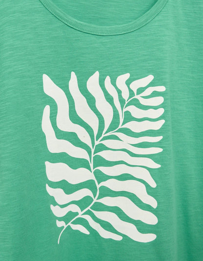 green cotton short sleeve t shirt with white leaf motif print
