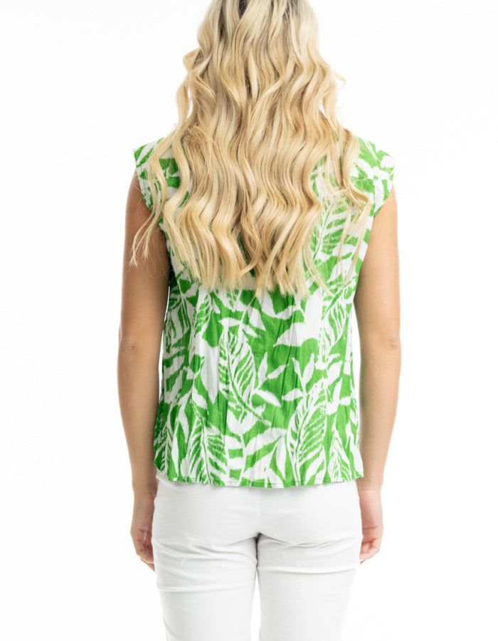 green and white cotton sleeveless top with collar