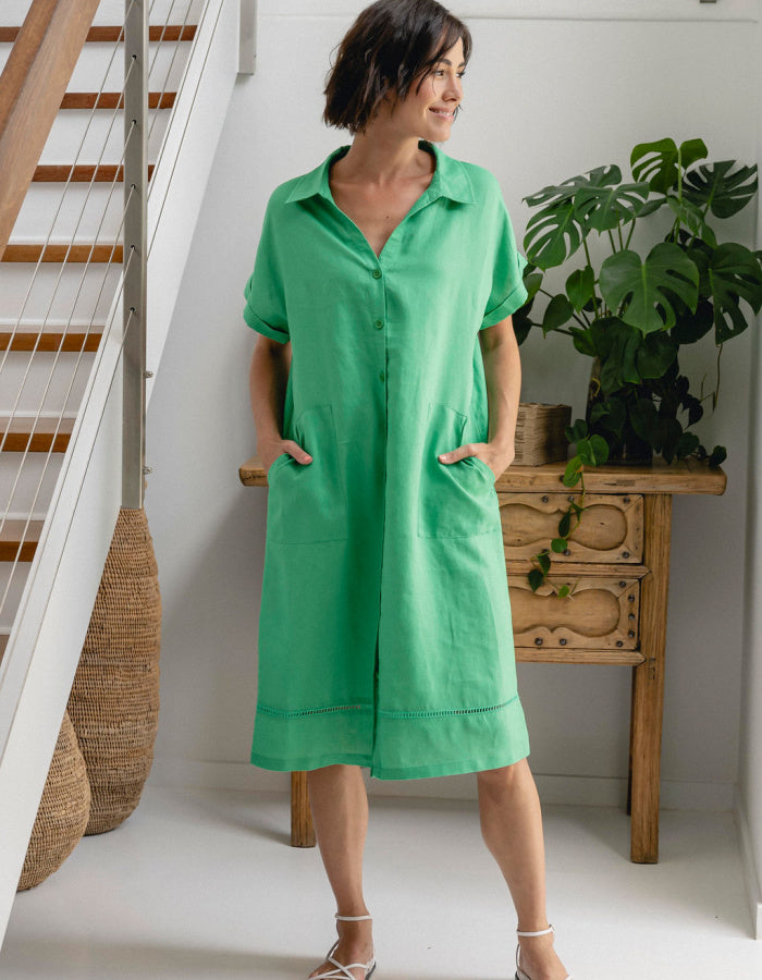 green midi length linen shirt dress