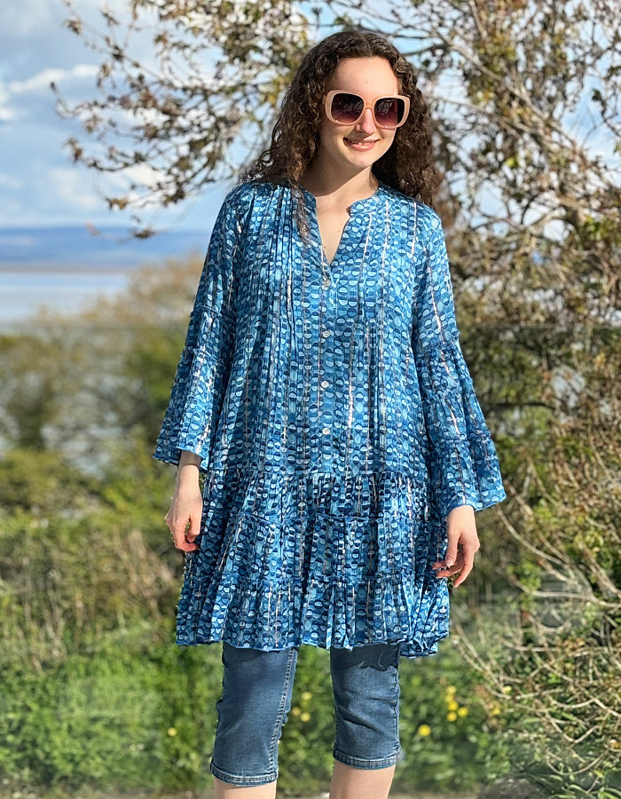 blue printed summer swing tunic with flared sleeves and button down front to the waist