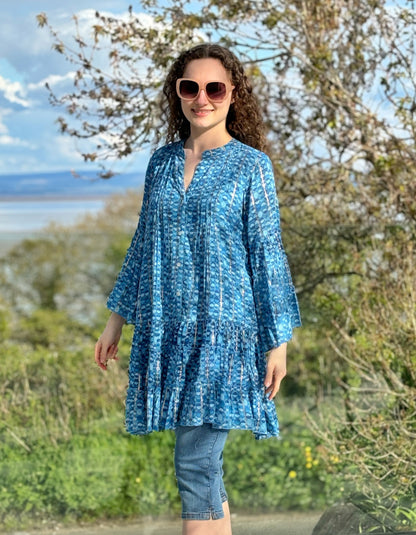 blue printed summer swing tunic with flared sleeves and button down front to the waist