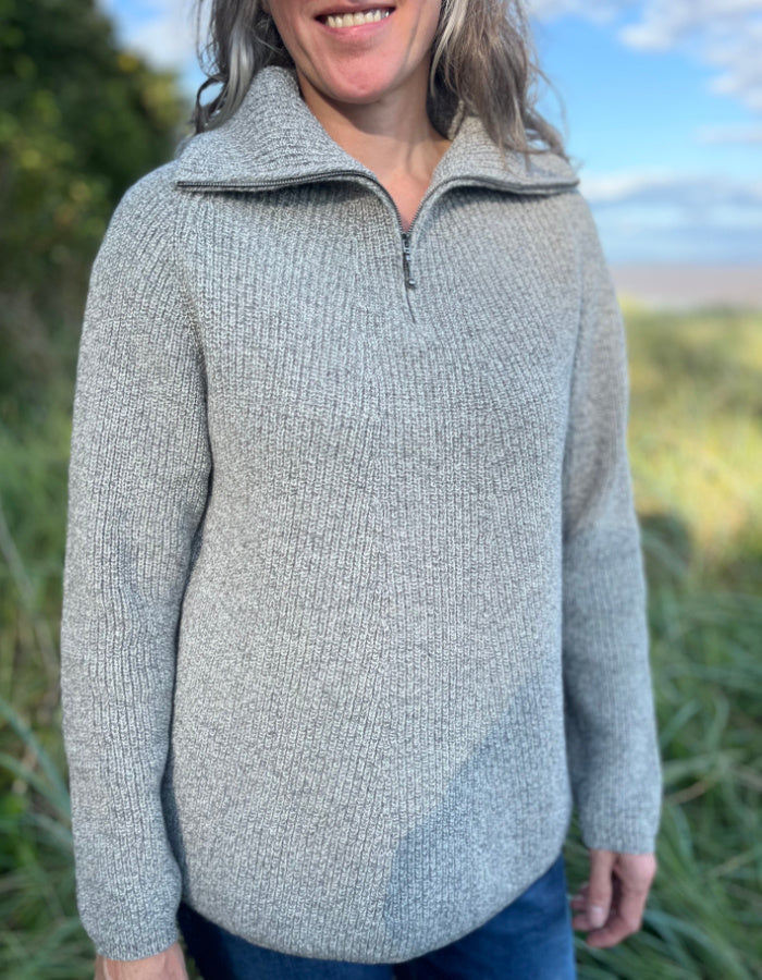 grey melange ribbed lambswool swing sweater with half zip
