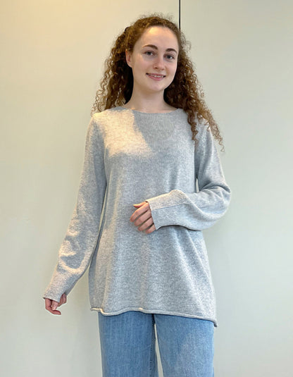summer cotton sweater with swing shape slash neckline and deep ribbed cuffs in silver grey