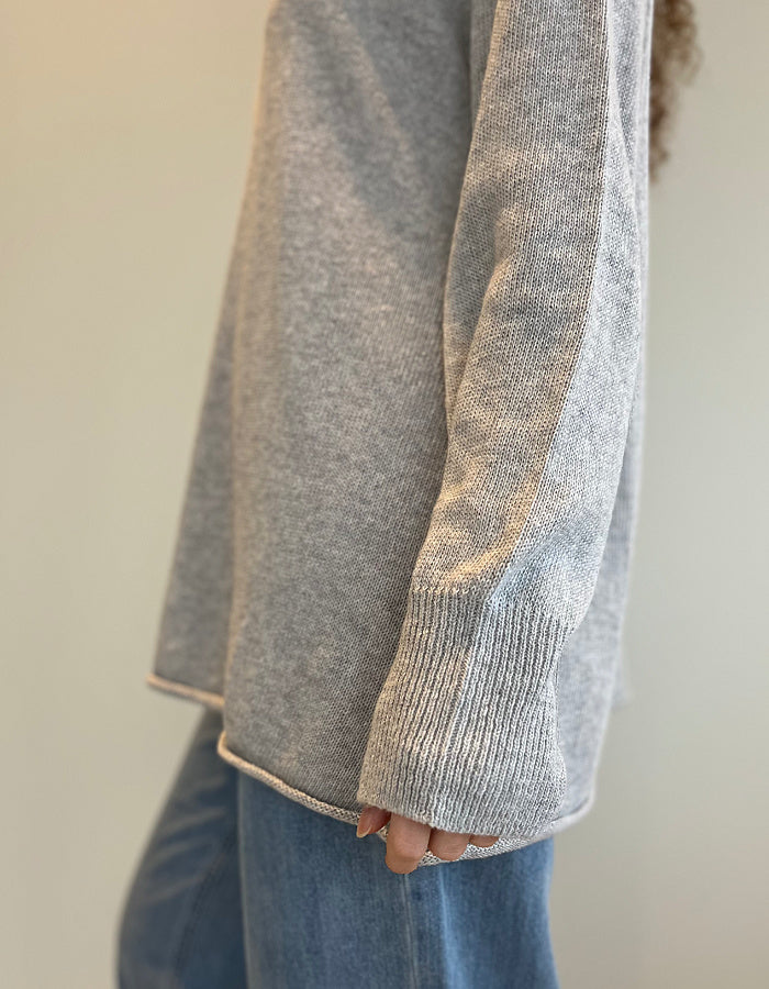 summer cotton sweater with swing shape slash neckline and deep ribbed cuffs in silver grey