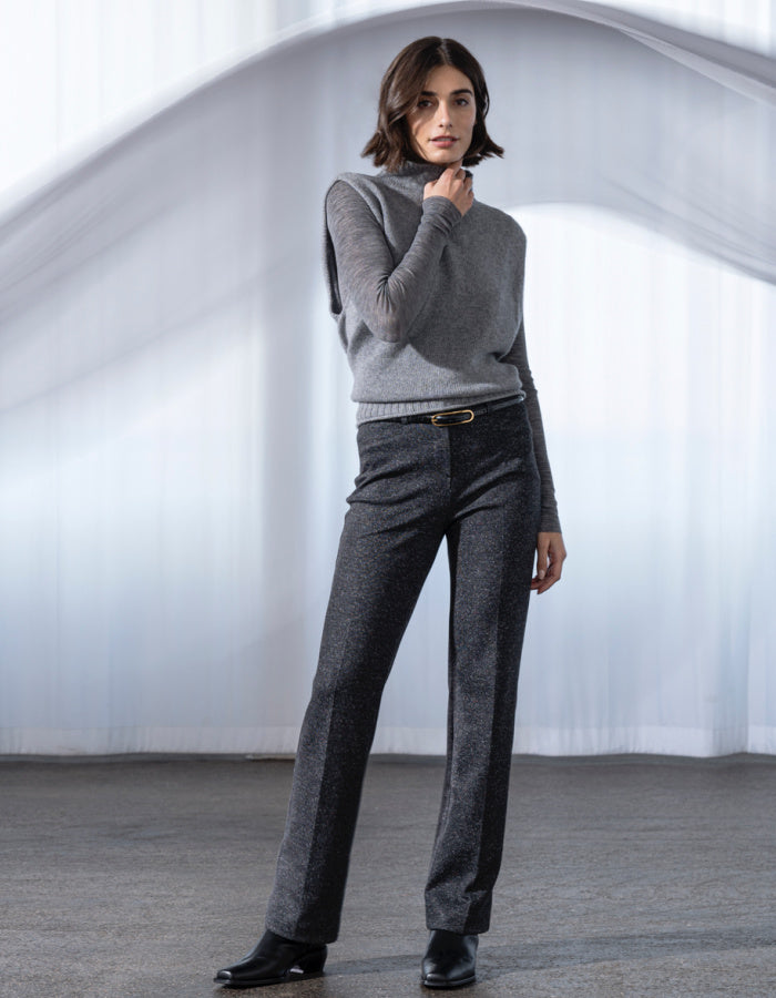 wide leg straight fit pull on trouser in tweed effect charcoal grey