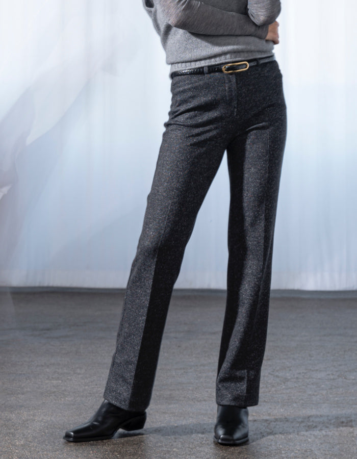 wide leg straight fit pull on trouser in tweed effect charcoal grey