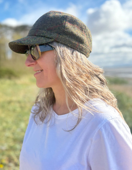 green check Harris tweed cadet cap with elasticated fit