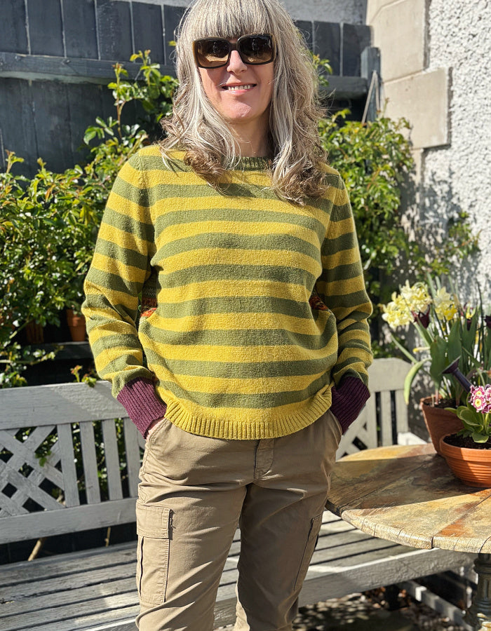 mustard orange autumnal shade fair isle reversible sweater with stripes on the other side