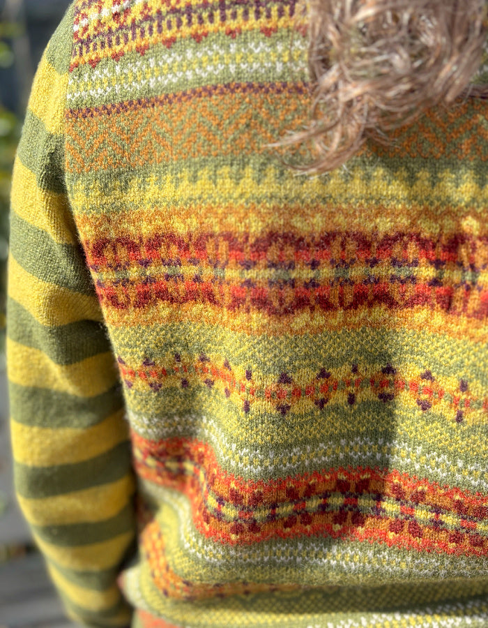 mustard orange autumnal shade fair isle reversible sweater with stripes on the other side
