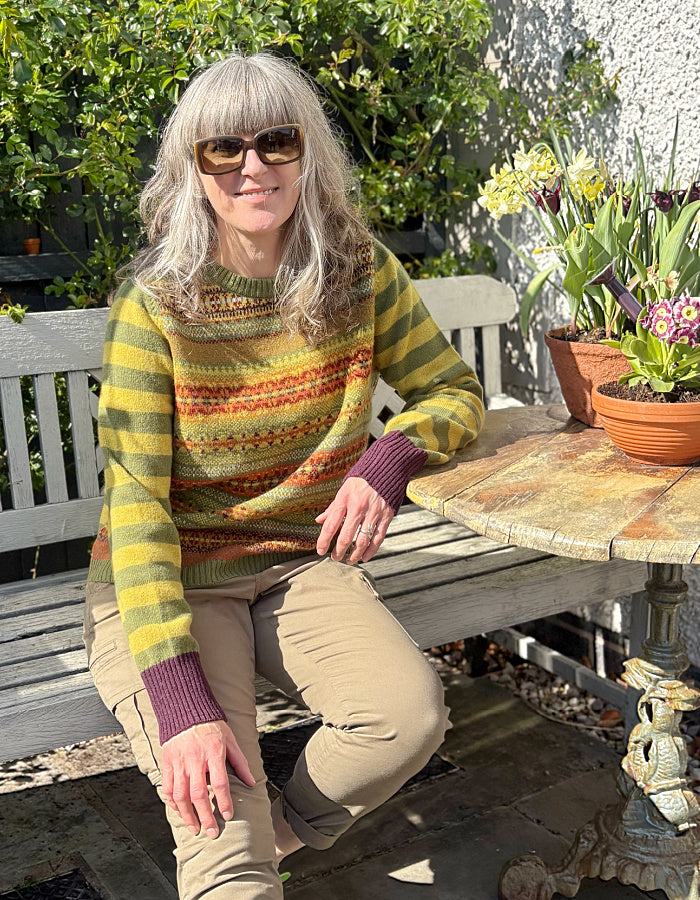 mustard orange autumnal shade fair isle reversible sweater with stripes on the other side