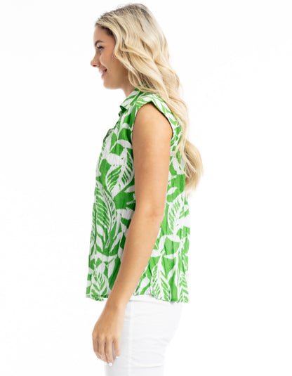 green and white cotton sleeveless top with collar