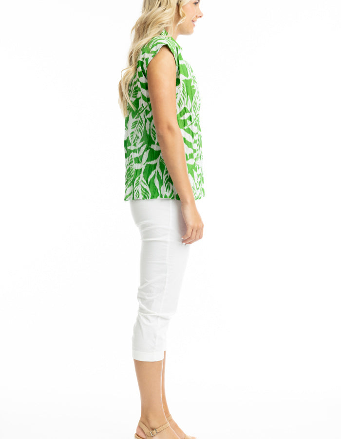 green and white cotton sleeveless top with collar