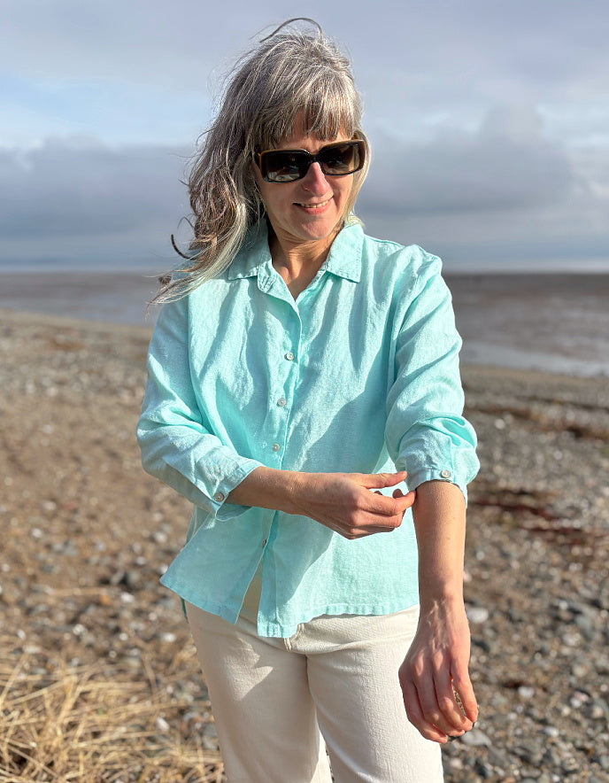 mint blue linen shirt