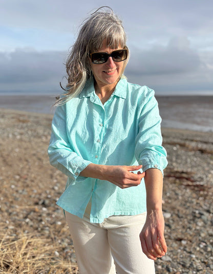 mint blue linen shirt