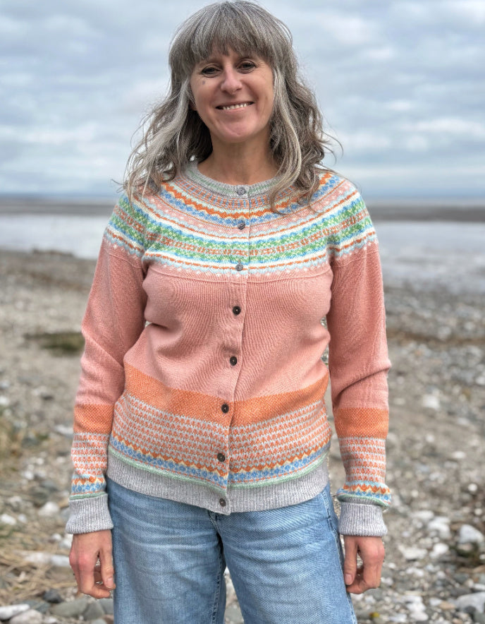 woman wearing peach fair isle cardigan
