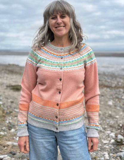 woman wearing peach fair isle cardigan