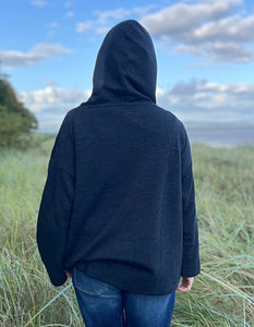 cosy wool cotton blend hooded sweatshirt with pockets in navy