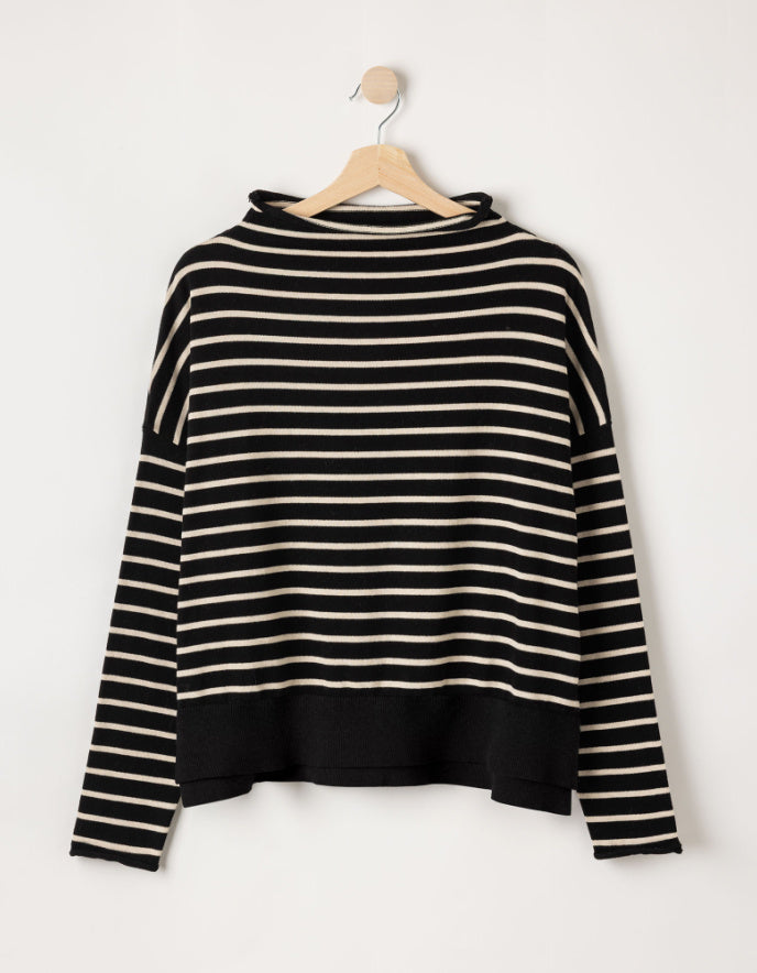  a navy and cream striped cottonsweater on a white background