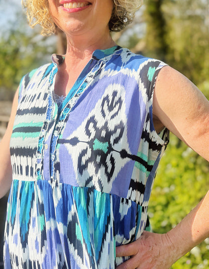 tiered maxi length sleeveless cotton summer dress with blue turquoise and black Ikat print