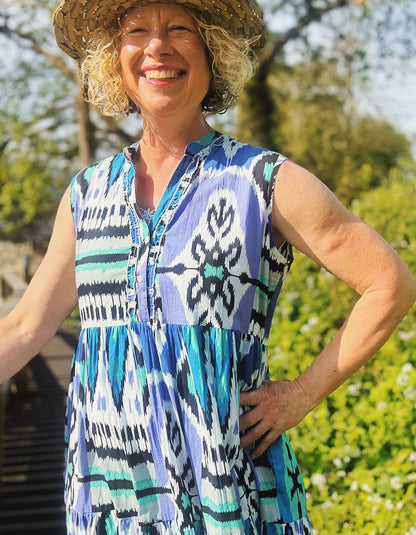 tiered maxi length sleeveless cotton summer dress with blue turquoise and black Ikat print