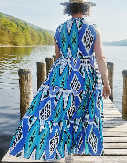 tiered maxi length sleeveless cotton summer dress with blue turquoise and black Ikat print