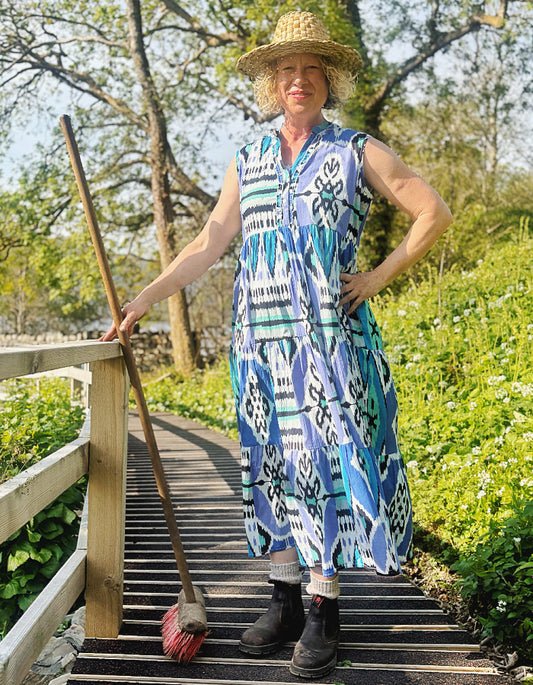 tiered maxi length sleeveless cotton summer dress with blue turquoise and black Ikat print