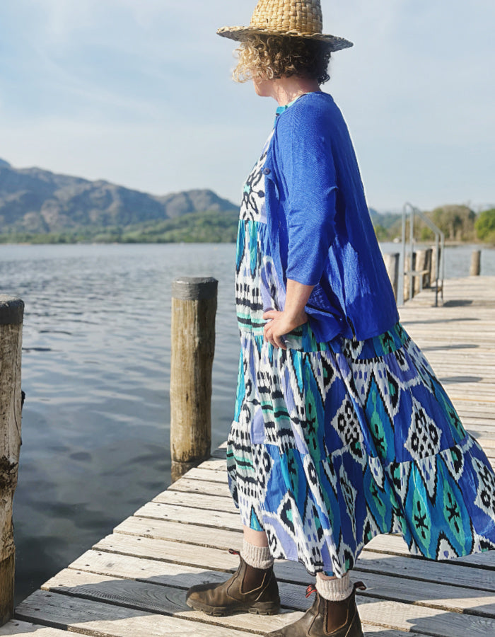 tiered maxi length sleeveless cotton summer dress with blue turquoise and black Ikat print