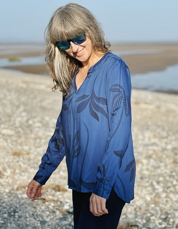 dressy indigo shirt in silky viscose with v shaped neckline