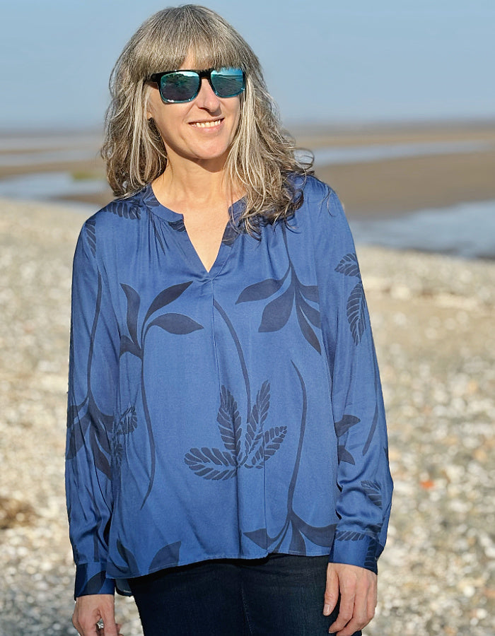 dressy indigo shirt in silky viscose with v shaped neckline