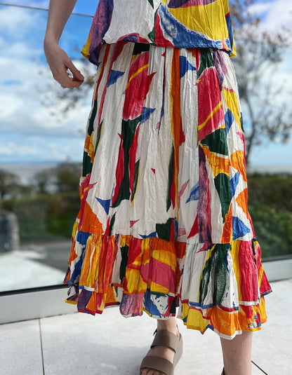 midi length flared cotton skirt with deep waistband so it can be worn as a dress, bright abstract print