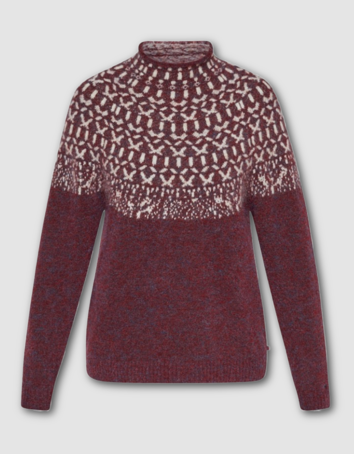 Maroon sweater with geometric pattern on a light gray background