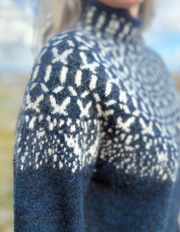 Close-up of a blue sweater with white pattern, blurred background