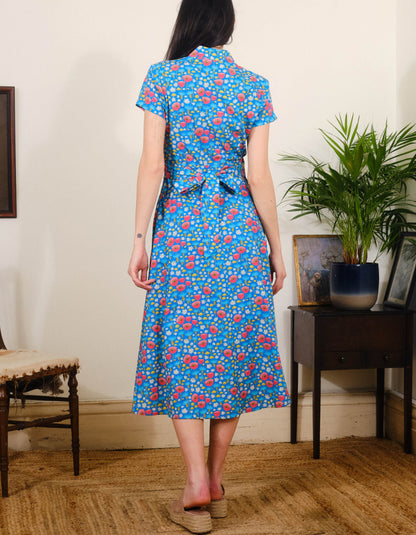 blue and poppy print cotton midi length tea dress
