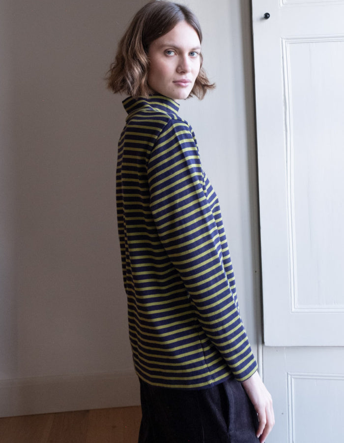 navy and green striped long sleeve turtle neck t shirt
