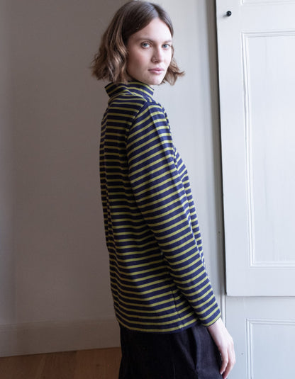 navy and green striped long sleeve turtle neck t shirt