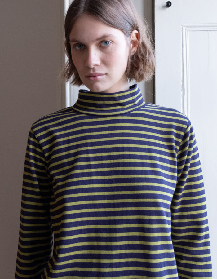 navy and green striped long sleeve turtle neck t shirt