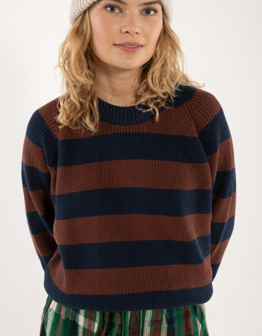 Person wearing a brown and navy striped sweater on a white background