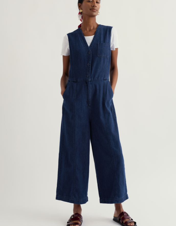 woman wearing a denim wide leg jumpsuit