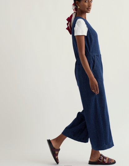 woman wearing a denim wide leg jumpsuit