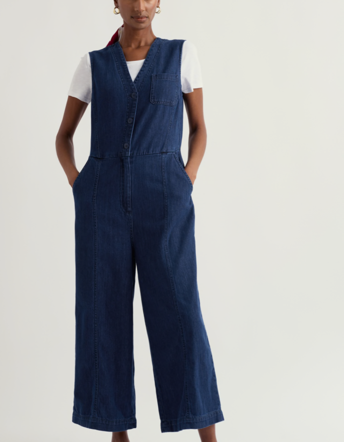 woman wearing a denim wide leg jumpsuit