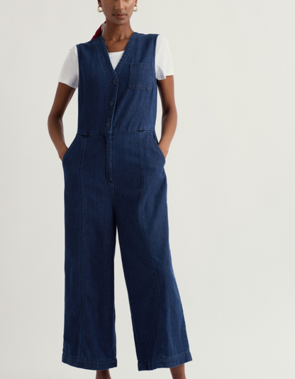 woman wearing a denim wide leg jumpsuit