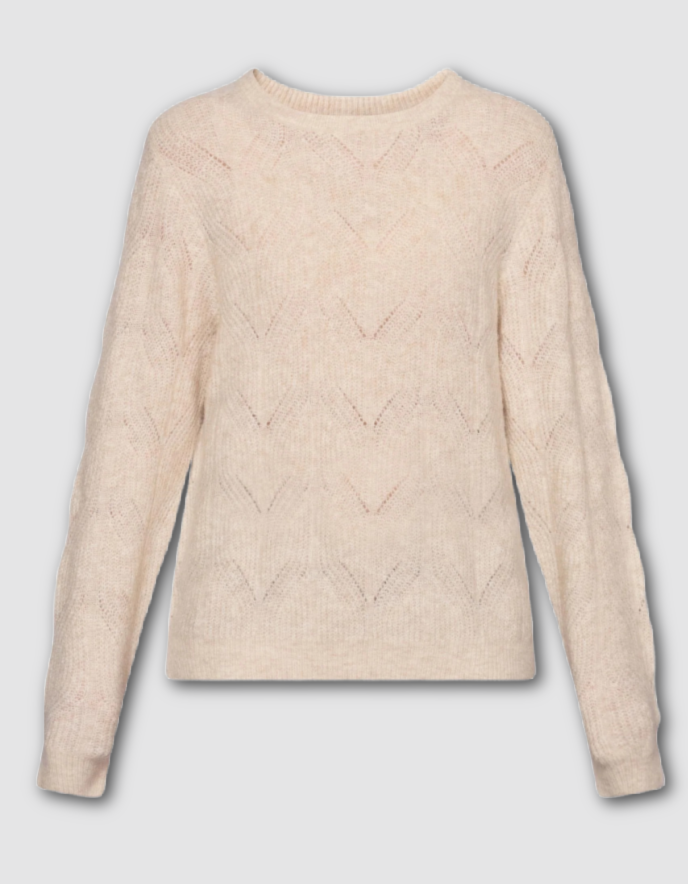 Beige cable knit sweater on a light gray background