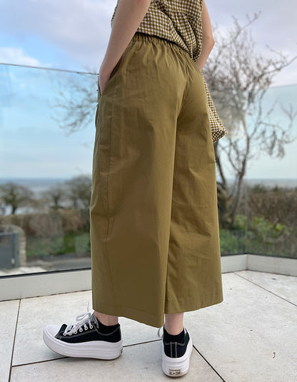 wide leg karate style trouser in cotton khaki with elasticated waist and side pockets