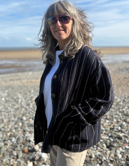 navy pinstripe oversized linen jacket