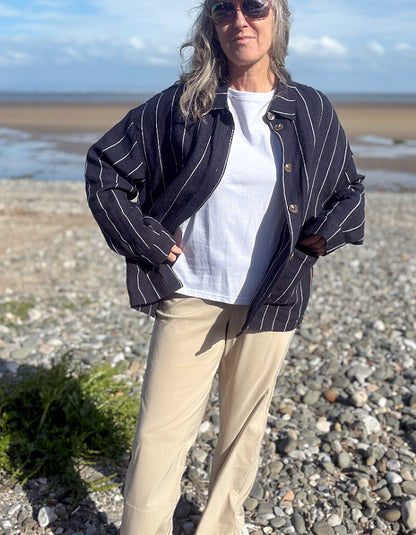 navy pinstripe oversized linen jacket