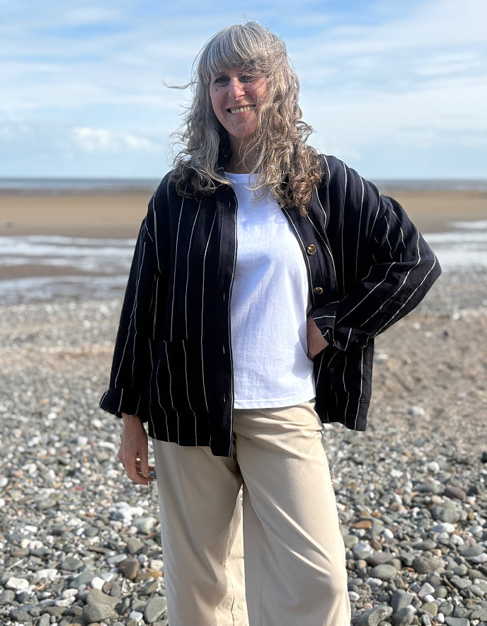 navy pinstripe oversized linen jacket