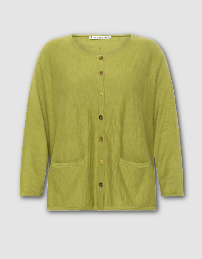 loose fit cotton slub summer cardigan with 3/4 length sleeves, two front patch pockets in olive green