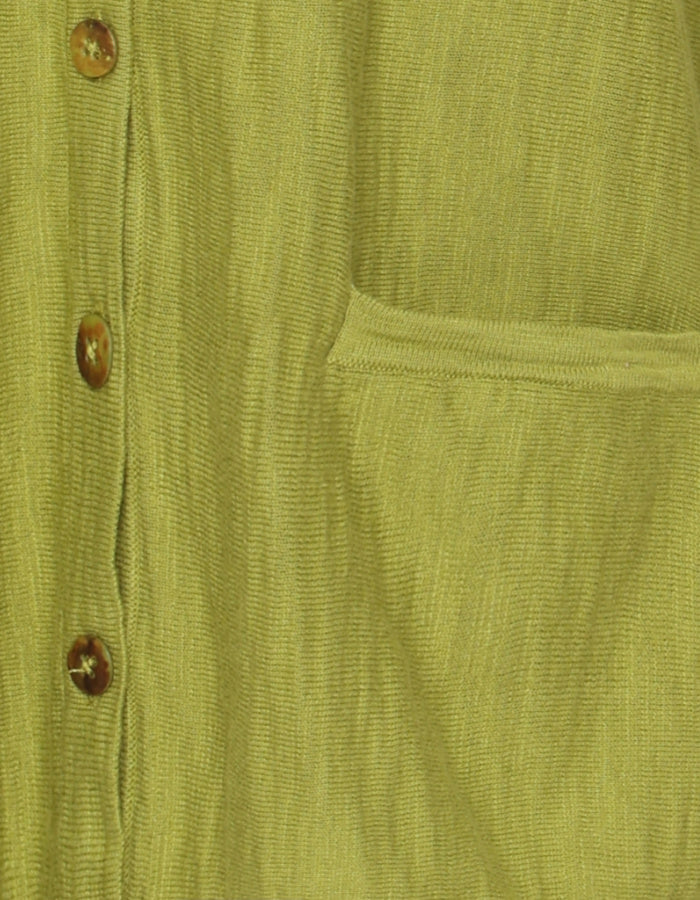 loose fit cotton slub summer cardigan with 3/4 length sleeves, two front patch pockets in olive green