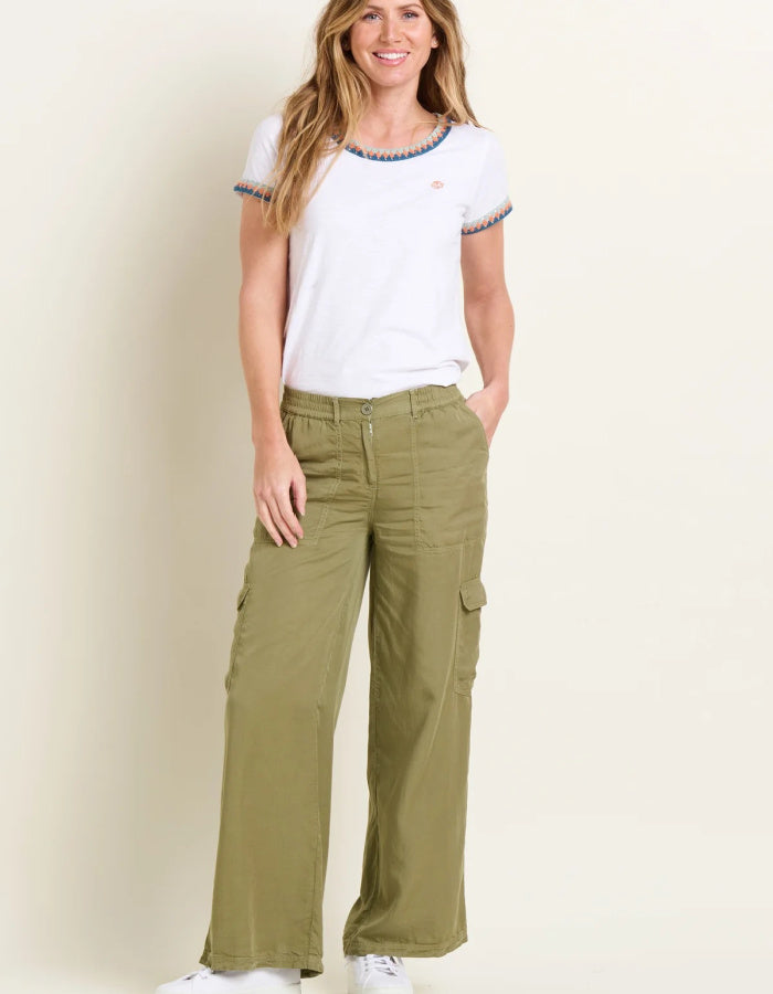 wide leg tencel khaki cargo trousers