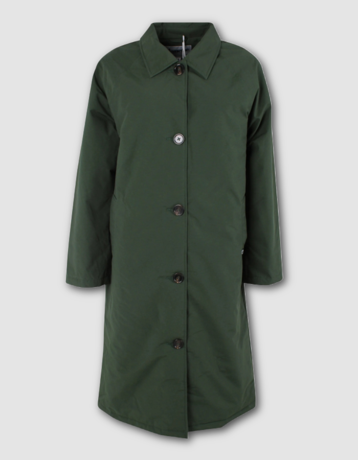 An olive green mid-length raincoat with a pointed collar, front button closure, and long sleeves, shown against a light gray background.